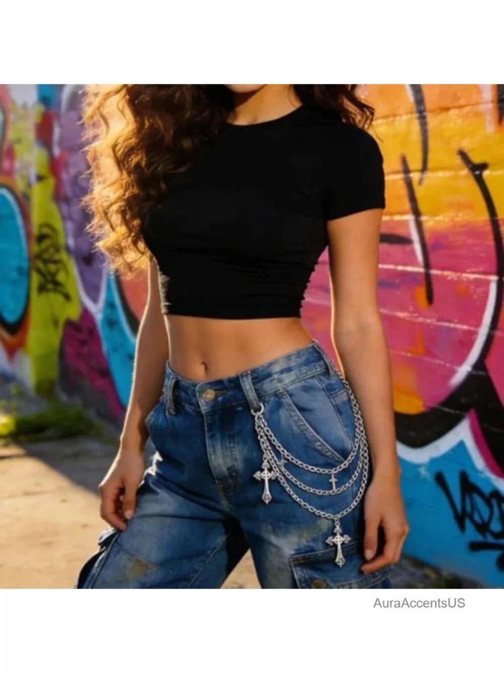 3-Layer Silver Cross Punk Chain Belt Hip Hop Gothic Jeans Chain Streetwear